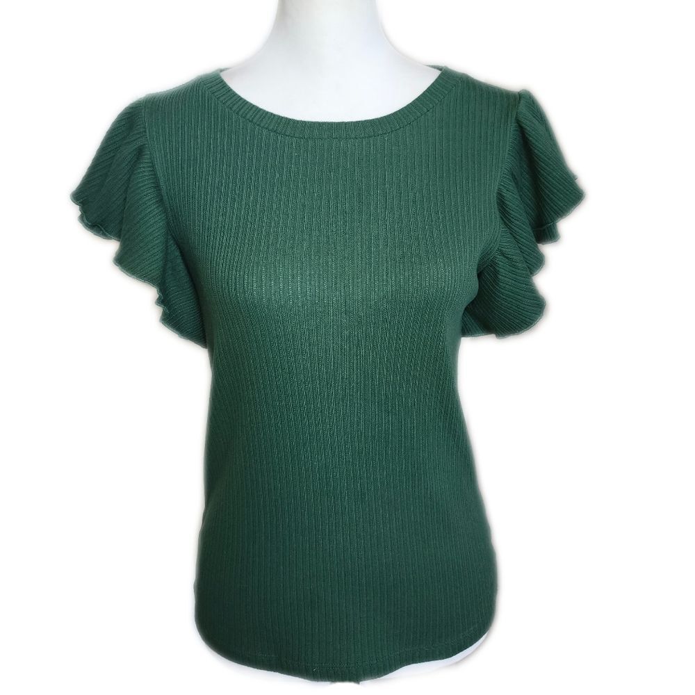 LOFT Forest Green Ribbed Blouse, Flutter Sleeves, M
